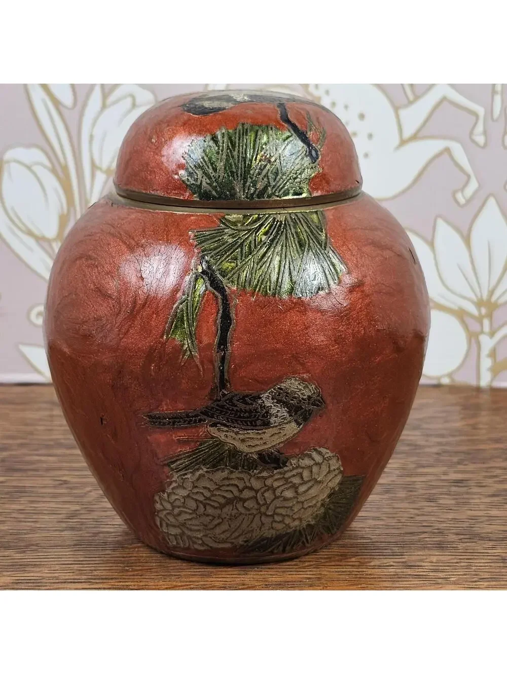 Vintage Brass Lidded Trinket Jar Bird Pine Cone Decor Made in India